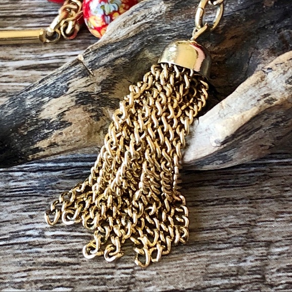 Vintage Gold Tone Tassel Necklace with Red Painted Beads by Sarah Coventry - Picture 3 of 5